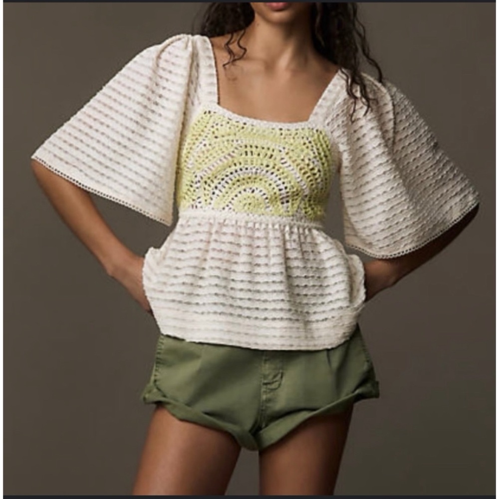 Anthropologie Sarah hann Crochet Open Weave Flutter Sleeve Ivory Top Size Small
